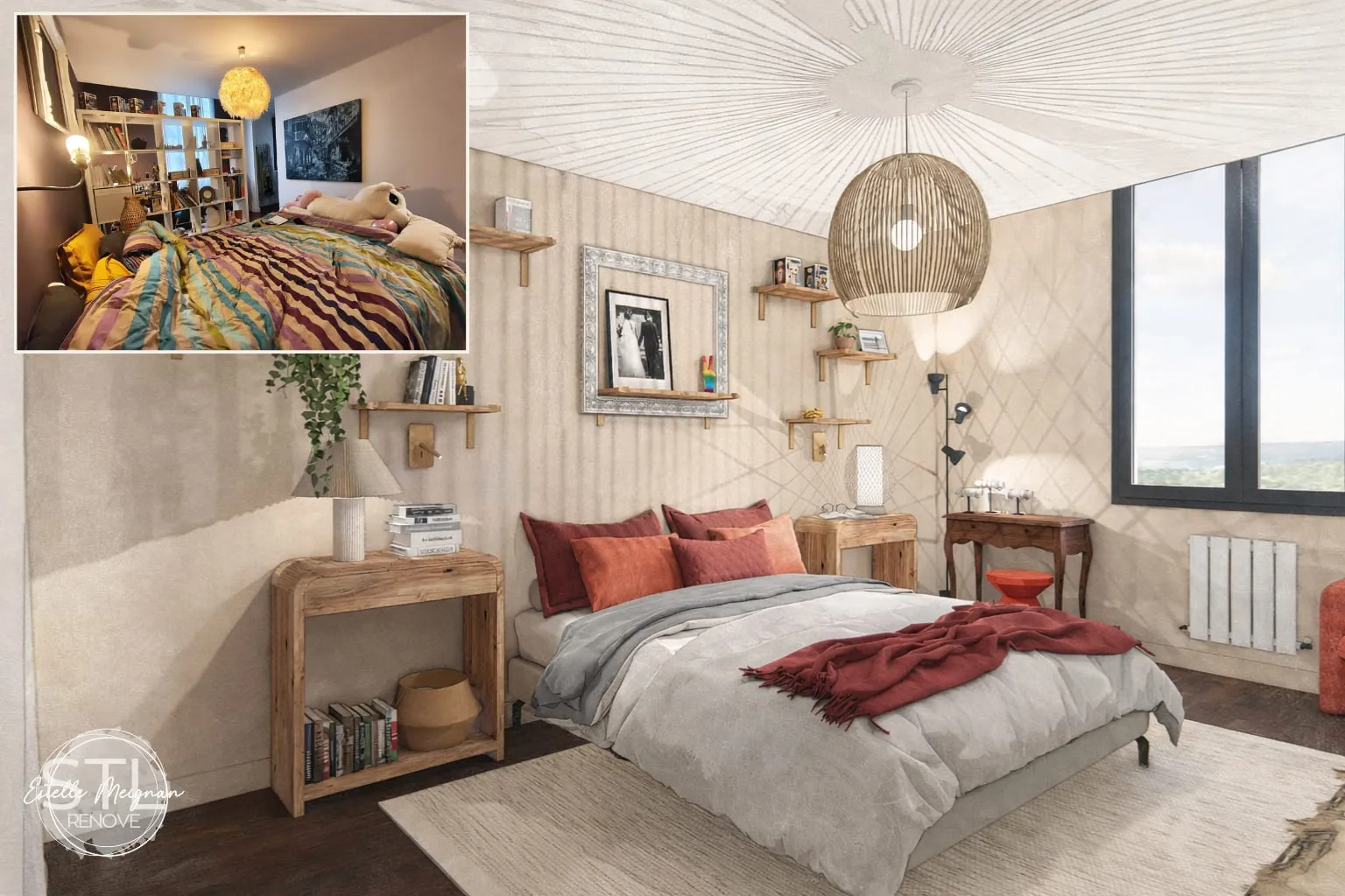 Modélisation 3D d'une chambre adulte aux tons beige et bois naturel avec tête de lit en bois et luminaires de chevet suspendus, réalisée par Estelle Meignan STLrenove