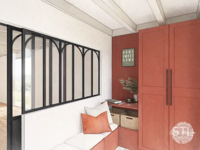 Vue frontale d’une entrée avec banquette blanche, verrière noire et grande armoire terracotta