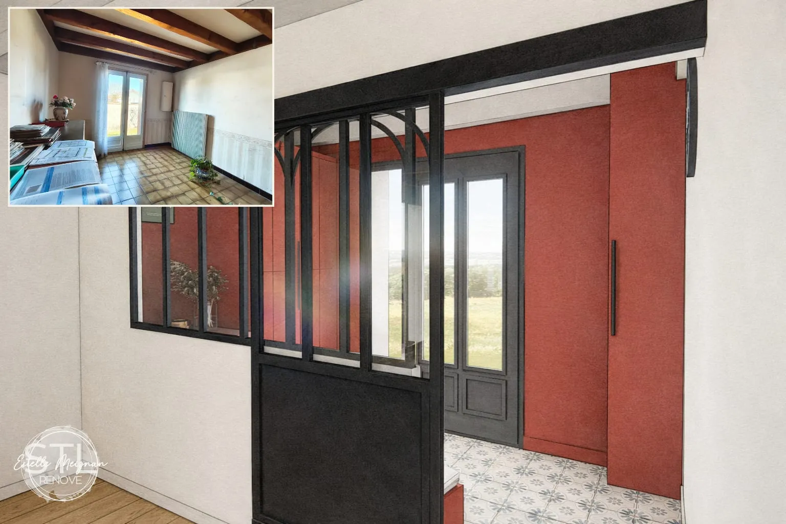 Visuel 3D d’une entrée terracotta avec verrière noire, rangements et aperçu de la pièce avant le projet