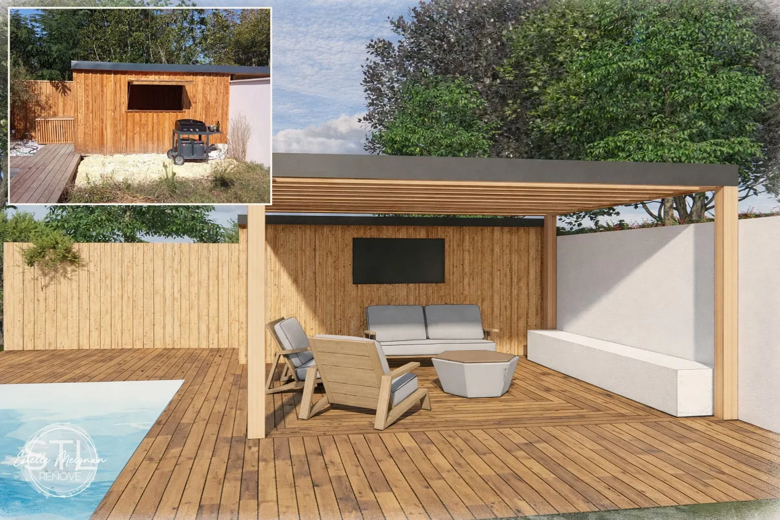 Visuel 3D d’un poolhouse avec pergola en bois, salon extérieur, terrasse et aperçu de l’abri avant le projet