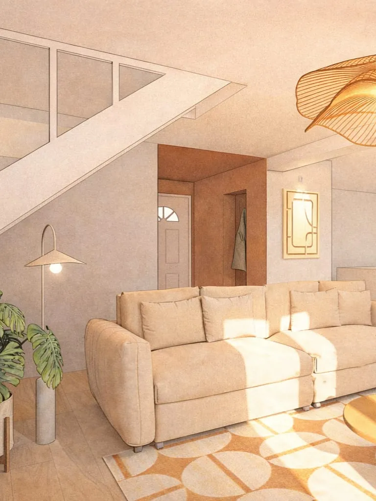 Perspective 3D d’un salon beige sous un escalier blanc avec tapis graphique et entrée couleur terre