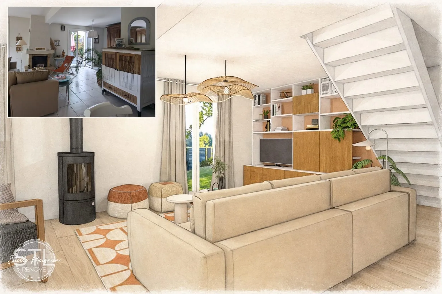 Pièce de vie 3D avec poêle noir, canapé beige, bibliothèque sous escalier et aperçu de l’état initial