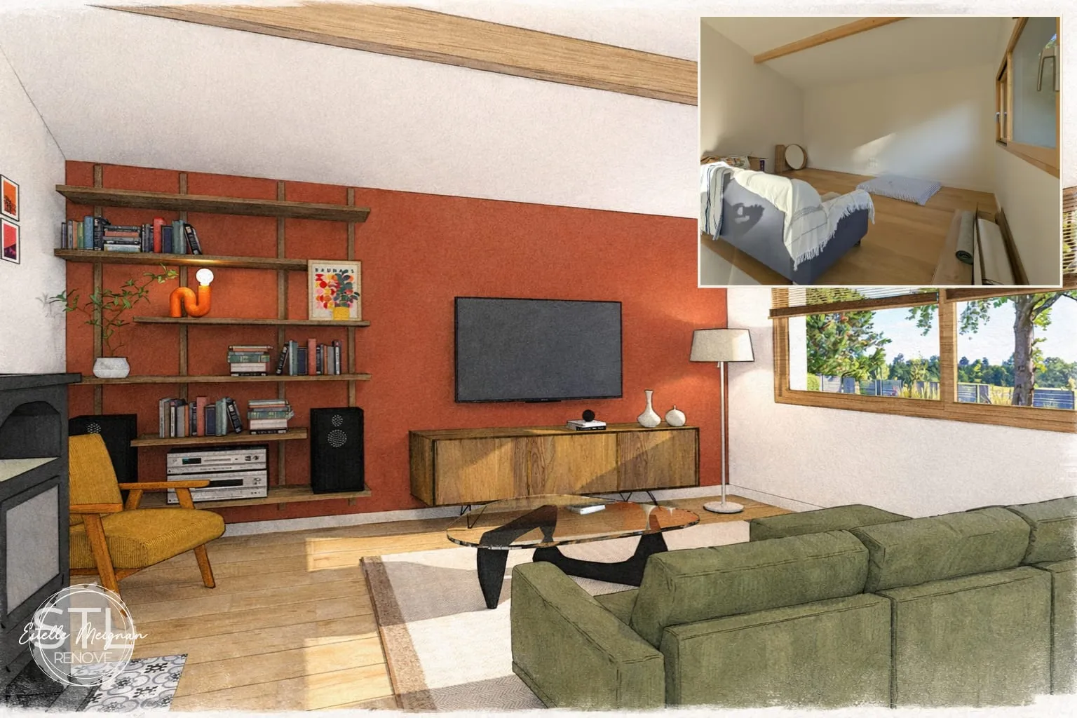 Salon 3D sous combles avec mur terracotta, étagères en bois, canapé vert et aperçu de la pièce avant le projet