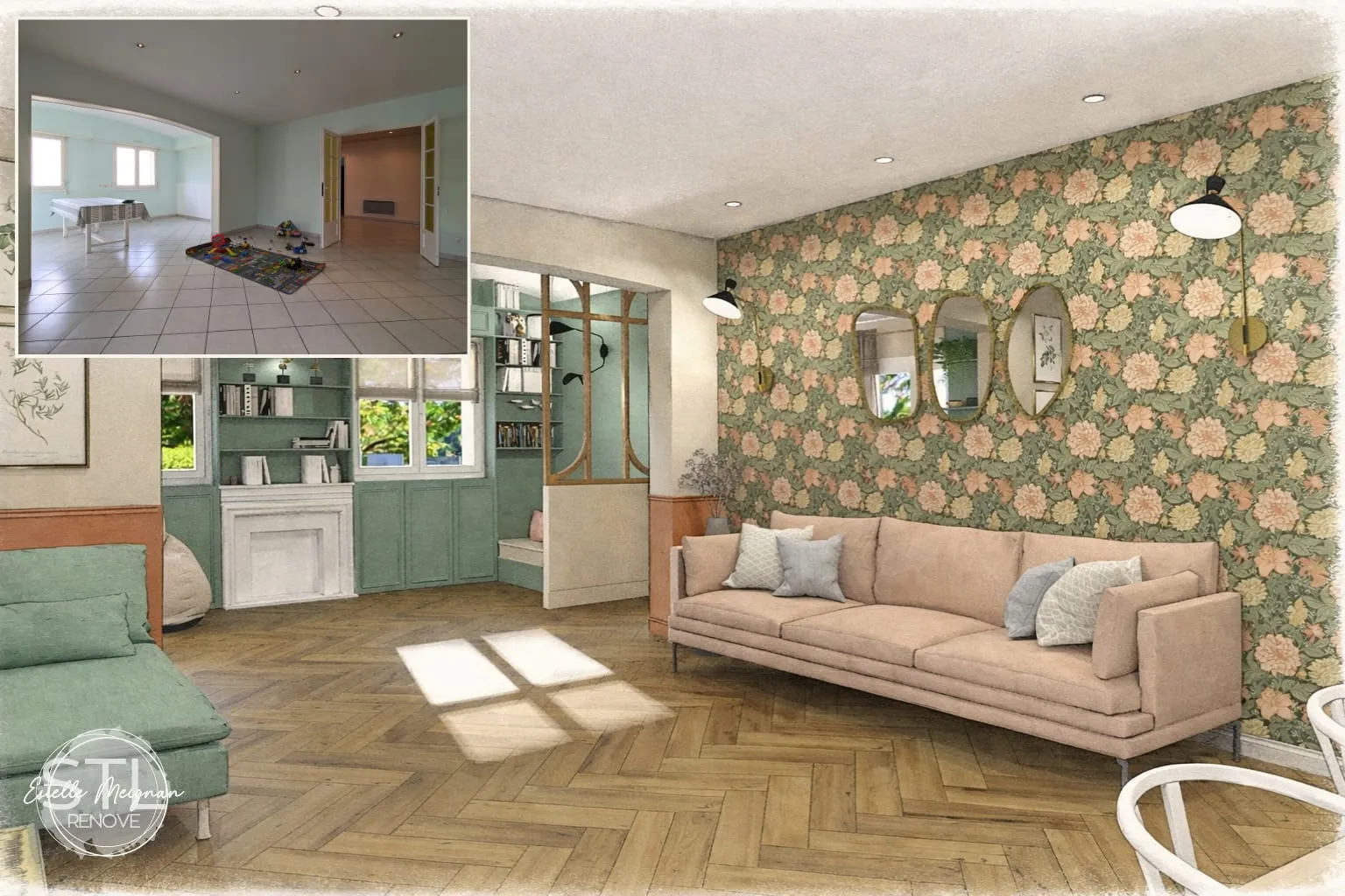 Salon vert sauge fleuri avec canapé en velours et décoration botanique, exemple d'ambiance créée par STLrenove
