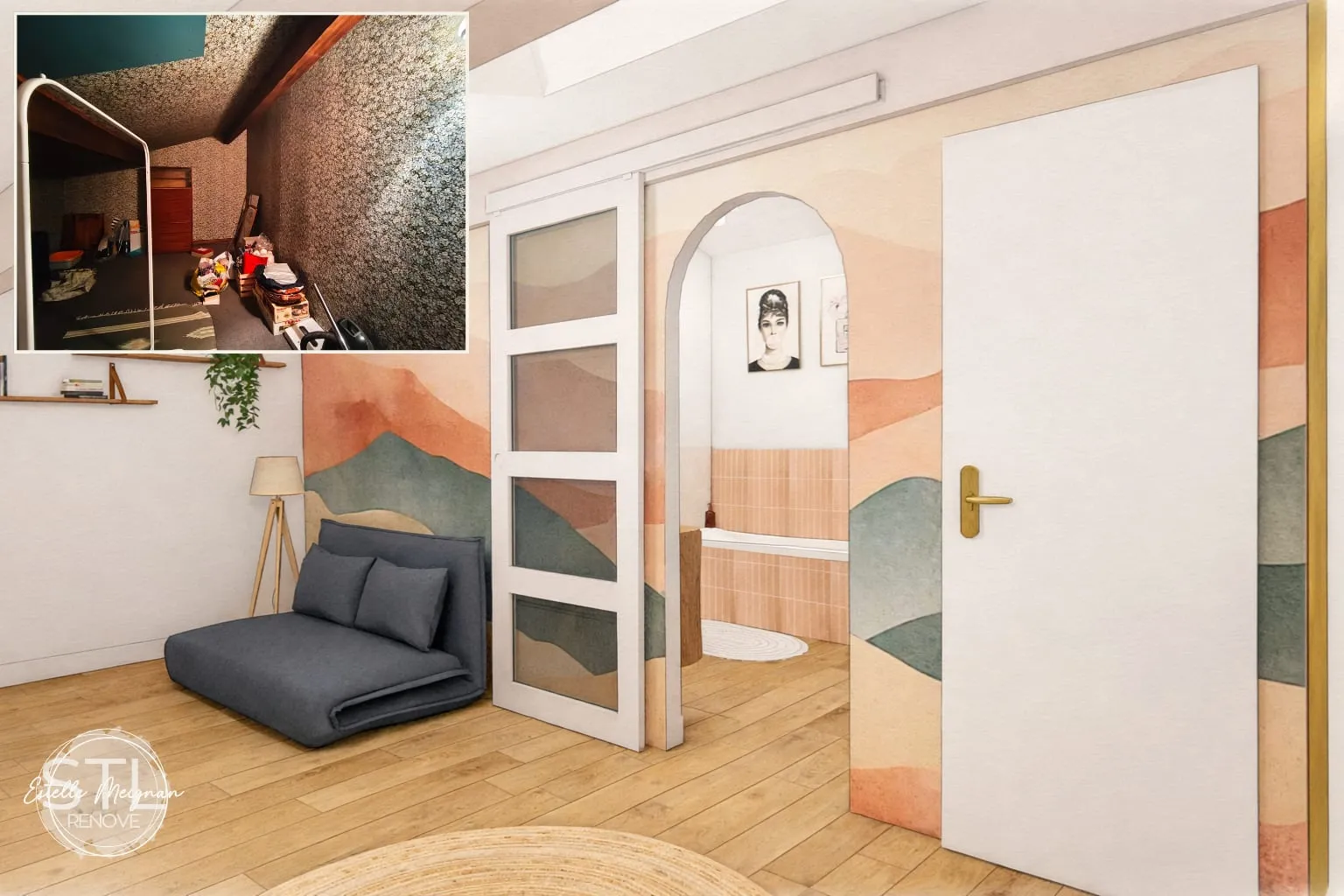 Visuel 3D d’une suite avec fresque murale colorée, portes coulissantes et accès à une salle de bain rose