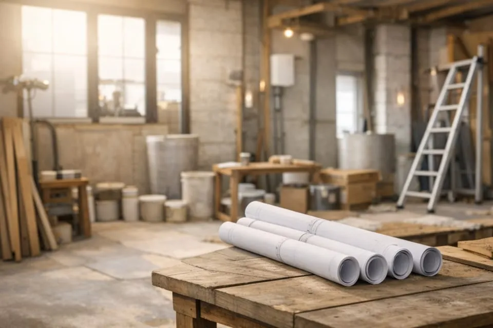 Plans roulés sur une table de chantier dans un espace en cours de rénovation, illustrant l'accompagnement et suivi de travaux proposé par Estelle Meignan.