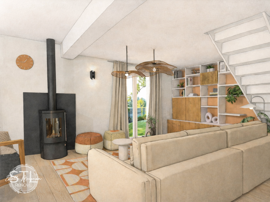 Salon lumineux avec un poêle, des plantes et une décoration moderne.