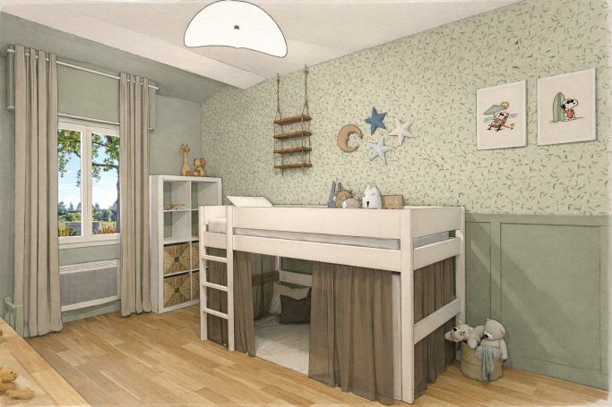 Chambre enfant sauge - Blanquefort Chambre d'enfant avec lit surélevé, étagère et décoration murale douce.