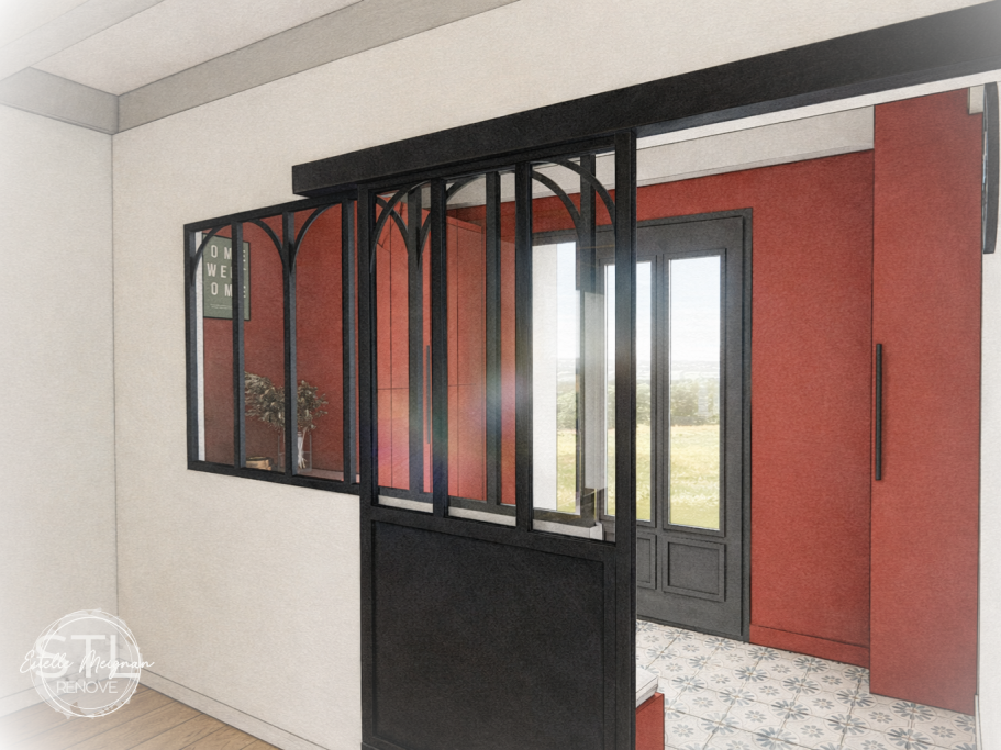 Intérieur d'une entrée avec une porte vitrée et des murs rouges et blancs.