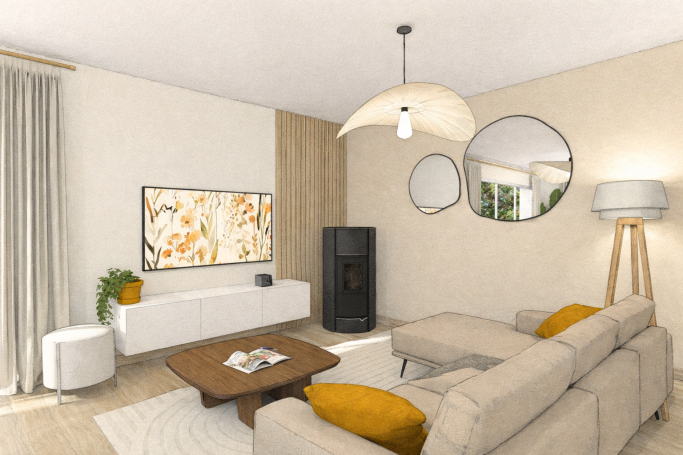 Salon moderne - Salaunes Salon moderne avec un canapé beige, table en bois, télévision murale et décor lumineux.