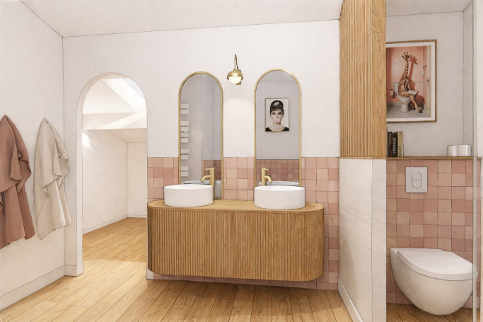 Salle de bain girly - Saint Médard en Jalles Salle de bain moderne avec double vasque, murs clairs et accents en bois.