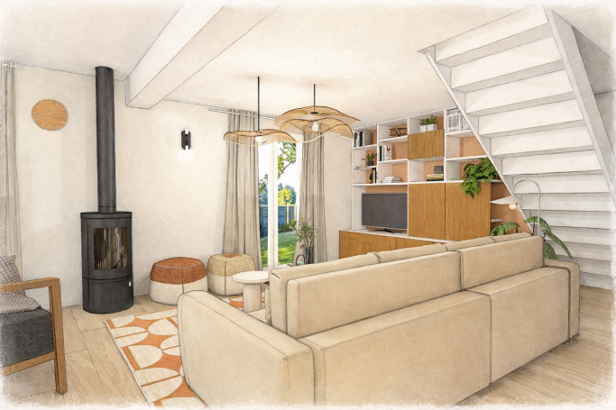Salon naturel - Le Pian Médoc Salon contemporain avec canapé beige, poêle à bois et rangement en bois, éclairage naturel.