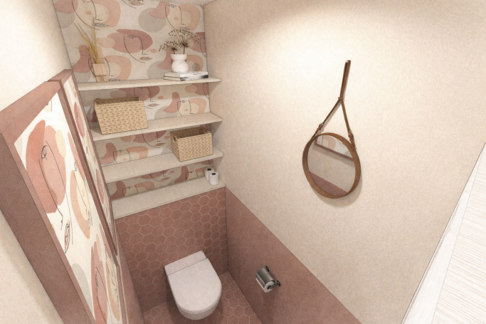 Toilettes moderne - Ludon Médoc Toilette moderne avec étagères et miroir rond sur un mur décoré de motifs doux.