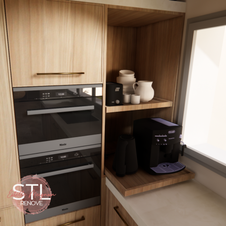 Cuisine moderne en bois, avec appareils électroménagers intégrés et une cafetière.