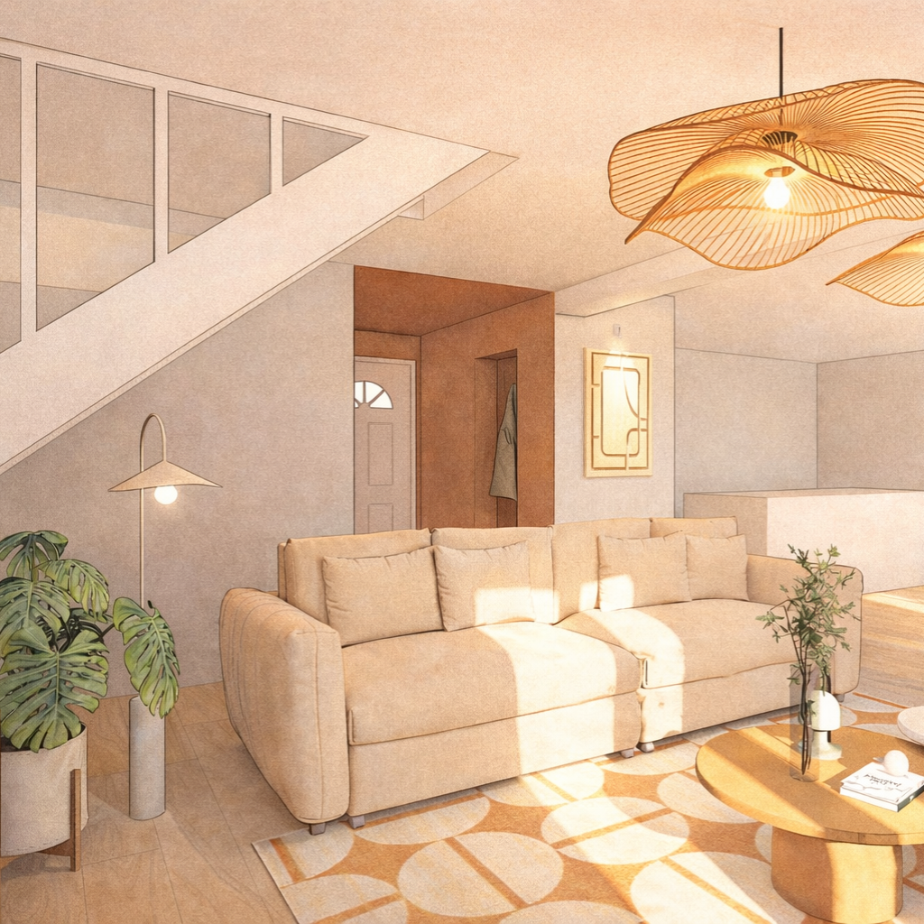 Salon lumineux avec un canapé beige, des lampes suspendues et des plantes d'intérieur.