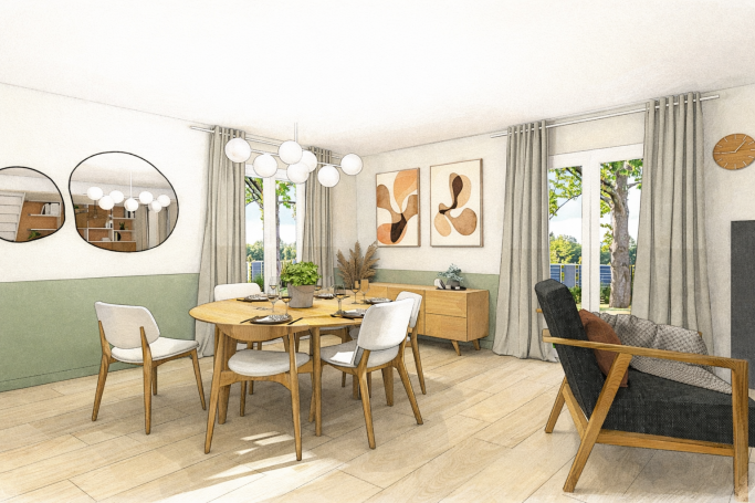 Séjour vert sauge - Le Pian Médoc Intérieur moderne et lumineux avec salle à manger, chaises blanches, et décor artistique.