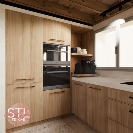 Cuisine moderne en bois, avec four intégré et espace de rangement, lumière naturelle.