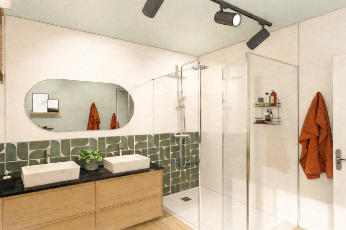 Salle d'eau graphique - Saint Médard en Jalles Salle de bain moderne avec douche, double lavabo et carrelage vert. Serviette accrochée.