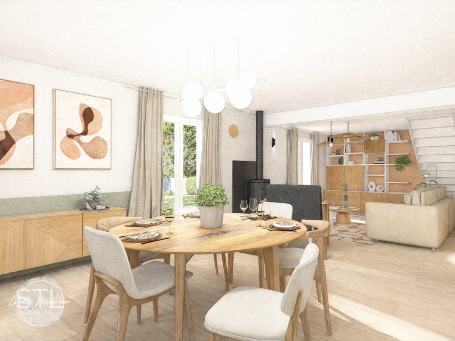 Salle à manger moderne avec une table ronde, chaises blanches et décor minimaliste.