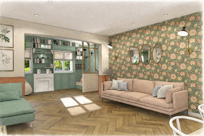 Salon vintage - Ludon Médoc Salon lumineux avec un canapé beige, mur fleuri, et mobilier vert.