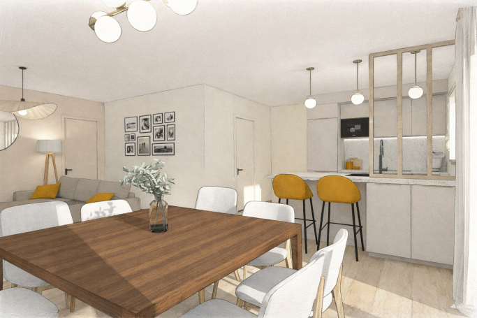 Cuisine ouverte et verrière - Salaunes Intérieur moderne avec une table en bois, chaises blanches et cuisine ouverte lumineuse.