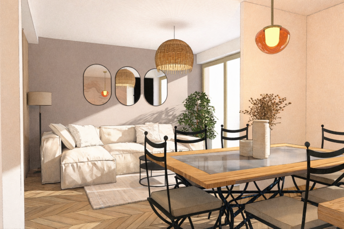 Salon tendance - Bruges Salon moderne avec canapé blanc, table de salle à manger en bois et lumières suspendues.