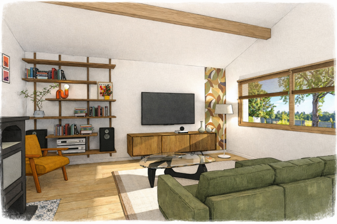 Salon canapé kaki - Avensan Salon moderne avec canapé vert, étagère en bois, télévision et lumière naturelle.