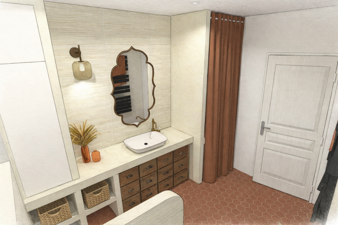 Salle de bain Vintage - Macau Salle de bain moderne avec lavabo, miroir décoratif, rangement et tonalités claires.